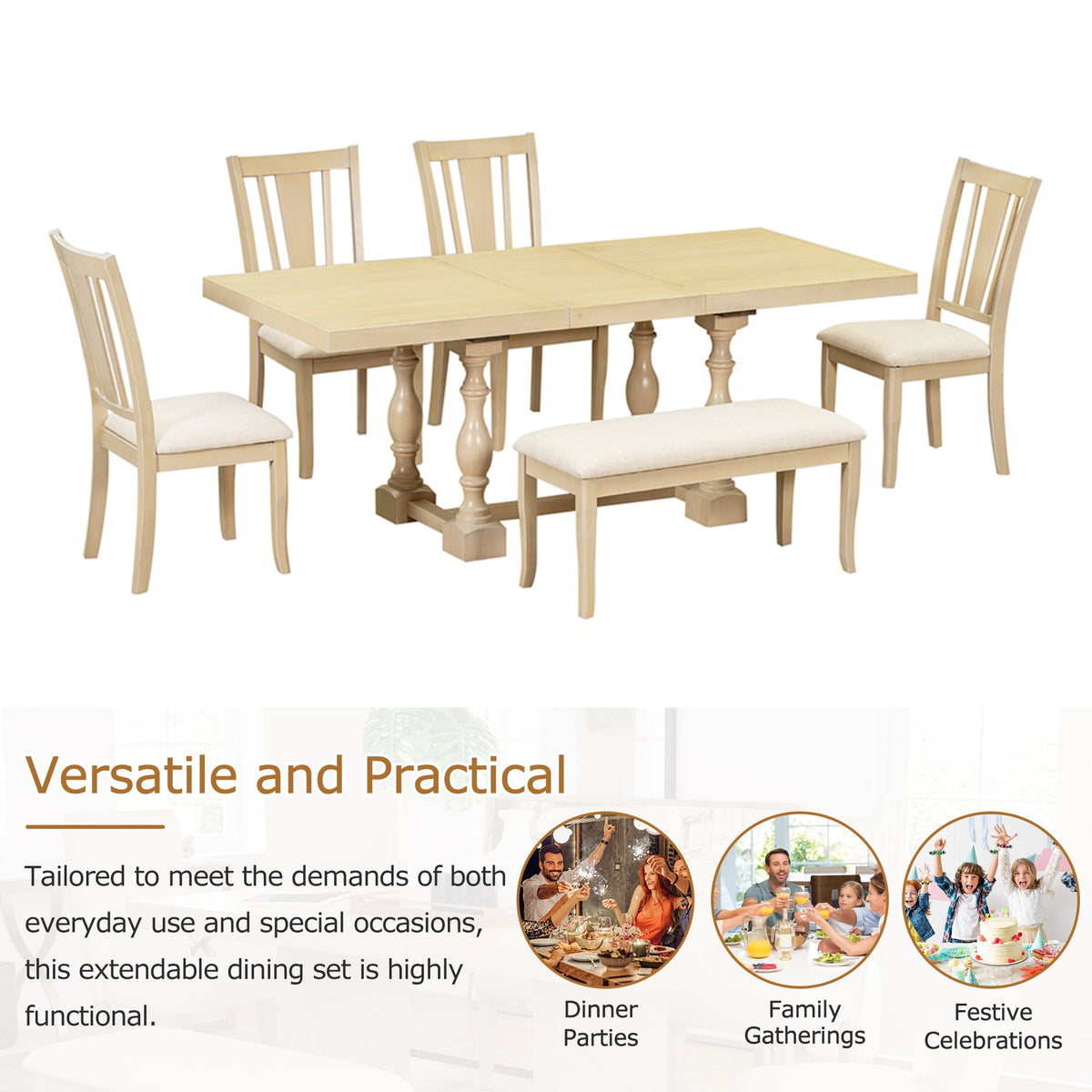 Traditional 6-Piece 78inch Trestle Extendable Dining Table Set with One 18inch Removable Leaf Padded Dining Chairs Bench,Natural