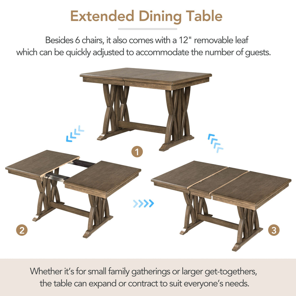 TOPMAX Mid Century Solid Wood 7-Piece Expandable Dining Table Set with Soft Cushioned Chair, Gold Brown+Gray Cushions