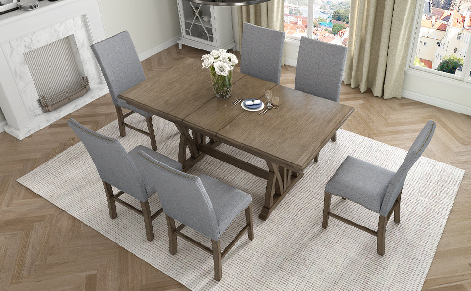 TOPMAX Mid Century Solid Wood 7-Piece Expandable Dining Table Set with Soft Cushioned Chair, Gold Brown+Gray Cushions