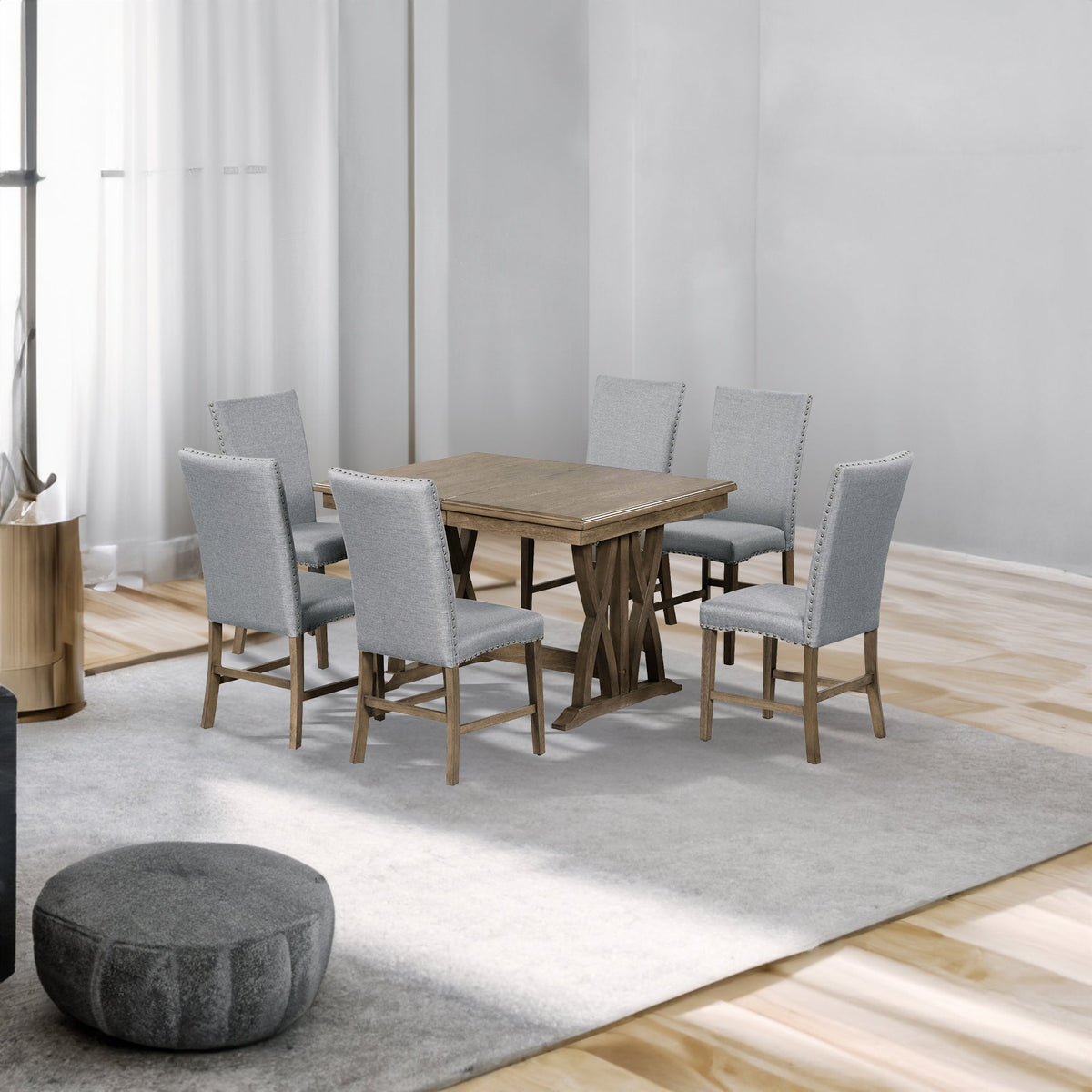 TOPMAX Mid Century Solid Wood 7-Piece Expandable Dining Table Set with Soft Cushioned Chair, Gold Brown+Gray Cushions