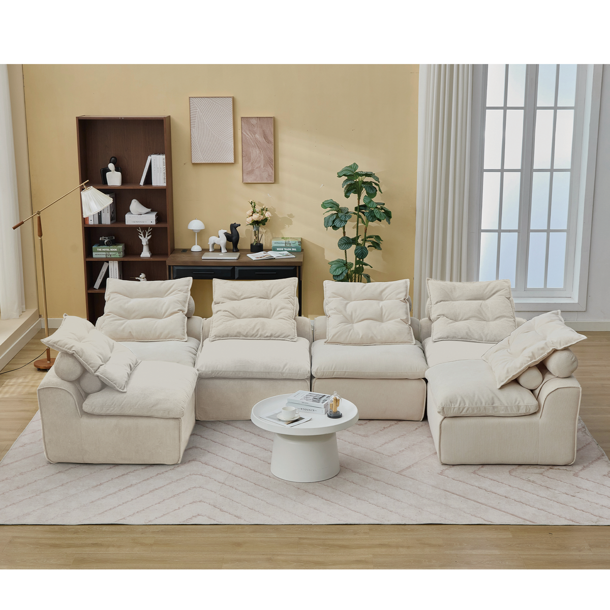 Modular Sofa 6-Piece Set with Neck & Waist Pillows - Beige Corduroy