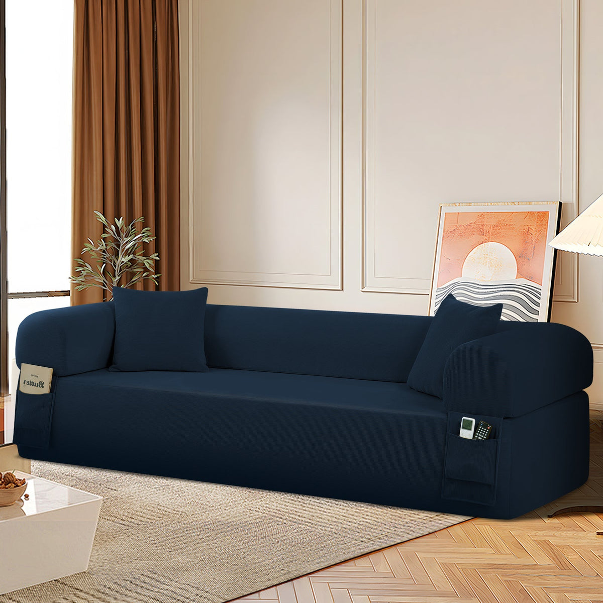 Spring Sofa with High-Quality Fabric and Storage - Blue