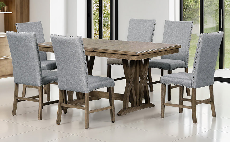 TOPMAX Mid Century Solid Wood 7-Piece Expandable Dining Table Set with Soft Cushioned Chair, Gold Brown+Gray Cushions