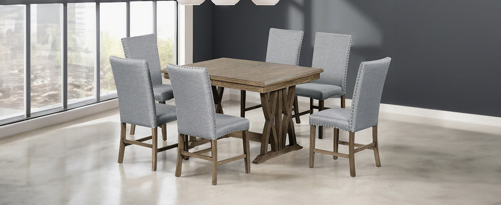 TOPMAX Mid Century Solid Wood 7-Piece Expandable Dining Table Set with Soft Cushioned Chair, Gold Brown+Gray Cushions