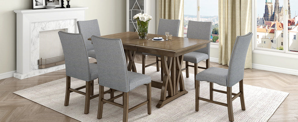 TOPMAX Mid Century Solid Wood 7-Piece Expandable Dining Table Set with Soft Cushioned Chair, Gold Brown+Gray Cushions
