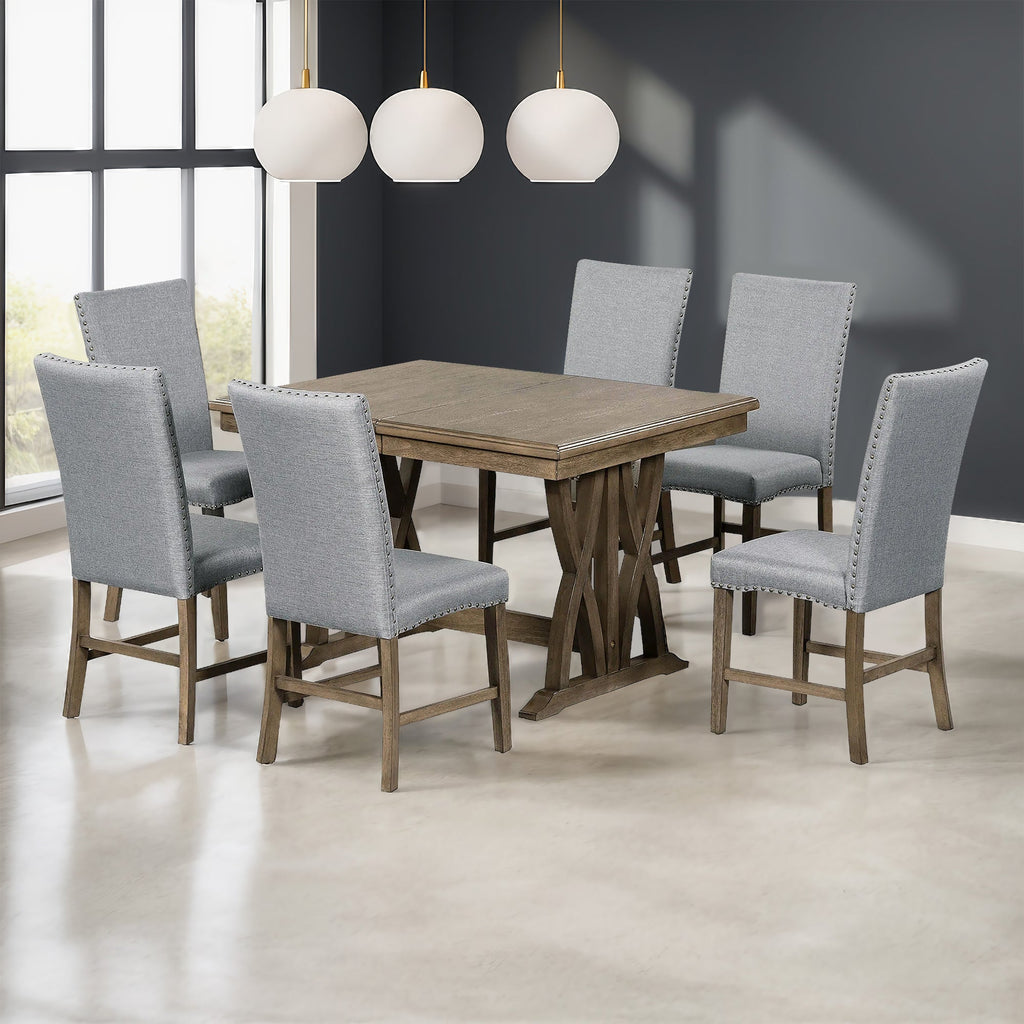 TOPMAX Mid Century Solid Wood 7-Piece Expandable Dining Table Set with Soft Cushioned Chair, Gold Brown+Gray Cushions