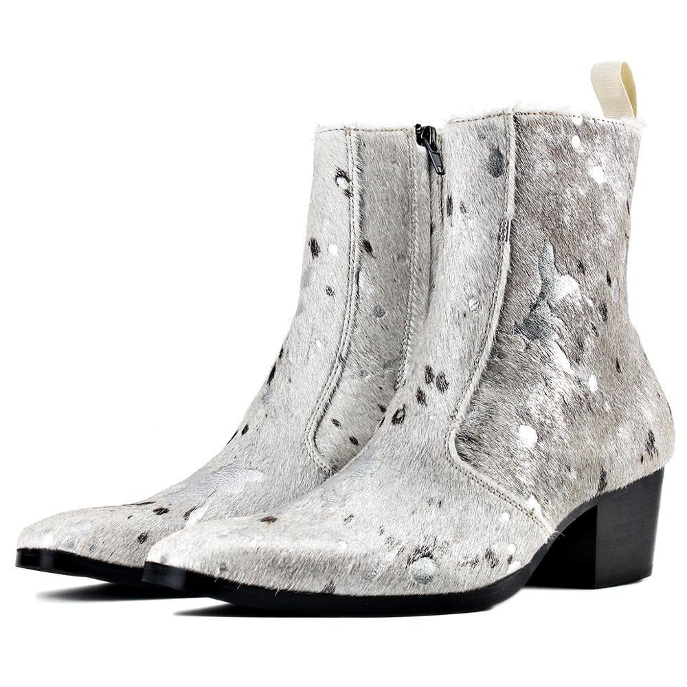 OSSTONE Men Chelsea Ankle Boots Leather Silver Heeled Boots With Side Zipper Cuban Heel Dress Boots Disco Shoes OS-JY012-B