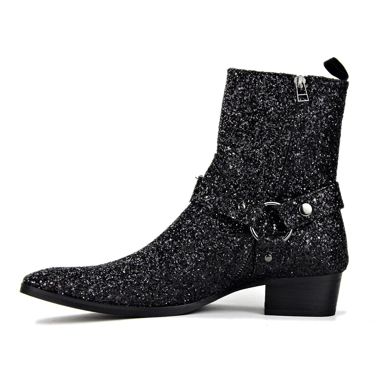 OSSTONE Men Chelsea Ankle Boots Leather Heeled Boots With Side Zipper Cuban Heel Dress Boots Disco Shoes OS-JY015-BLCK