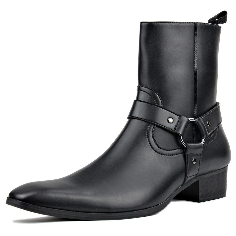 OSSTONE Men Chelsea Ankle Boots Leather Heeled Boots With Side Zipper Cuban Heel Dress Boots Disco Shoes OS-JY015-CQ