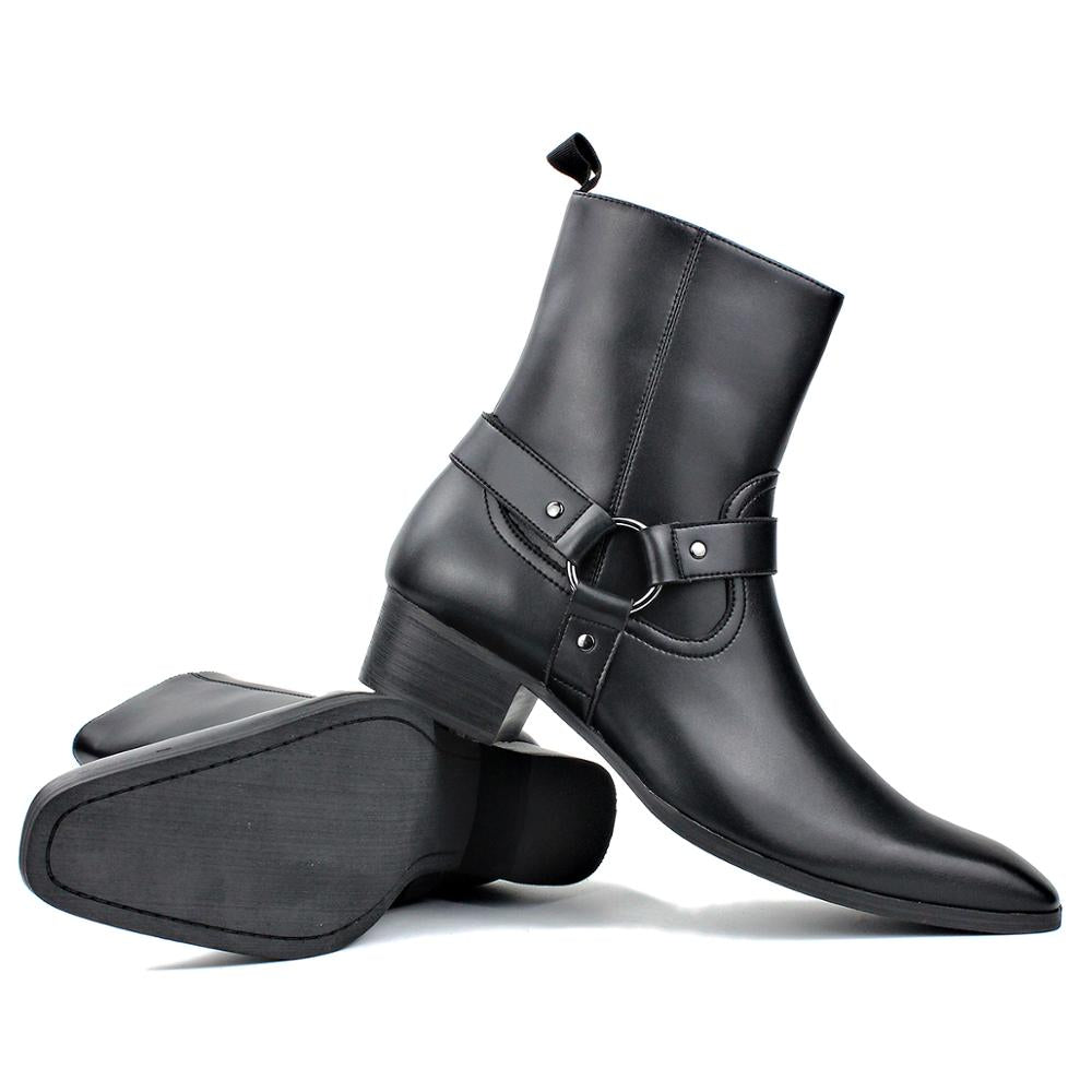 OSSTONE Men Chelsea Ankle Boots Leather Heeled Boots With Side Zipper Cuban Heel Dress Boots Disco Shoes OS-JY015-CQ