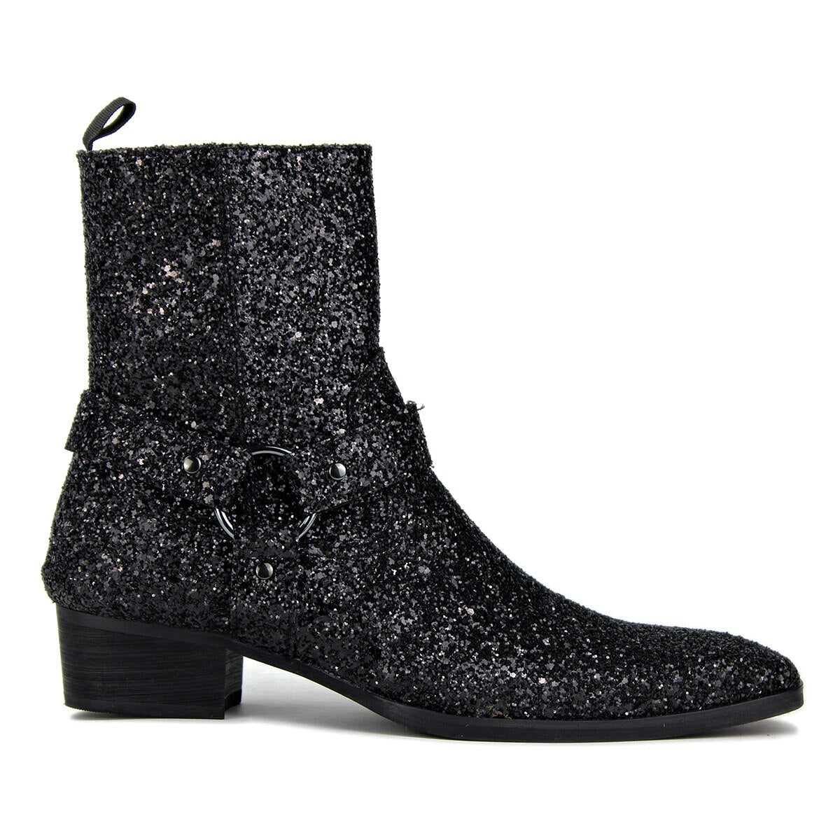 OSSTONE Men Chelsea Ankle Boots Leather Heeled Boots With Side Zipper Cuban Heel Dress Boots Disco Shoes OS-JY015-BLCK