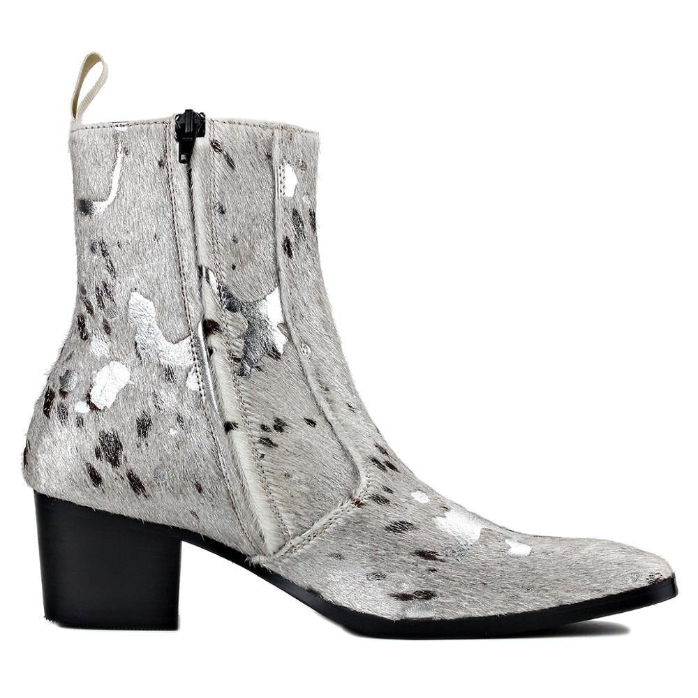 OSSTONE Men Chelsea Ankle Boots Leather Silver Heeled Boots With Side Zipper Cuban Heel Dress Boots Disco Shoes OS-JY012-B