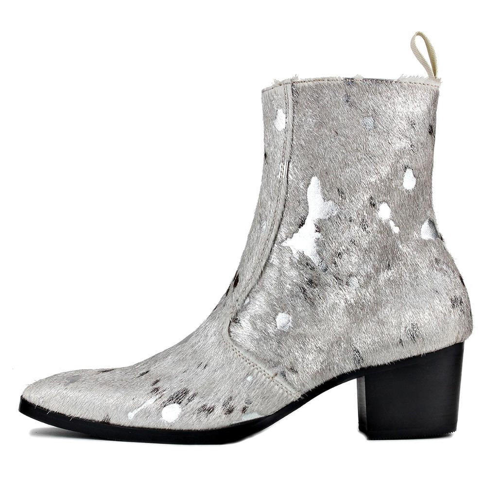 OSSTONE Men Chelsea Ankle Boots Leather Silver Heeled Boots With Side Zipper Cuban Heel Dress Boots Disco Shoes OS-JY012-B