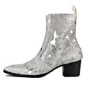 OSSTONE Men Chelsea Ankle Boots Leather Silver Heeled Boots With Side Zipper Cuban Heel Dress Boots Disco Shoes OS-JY012-B