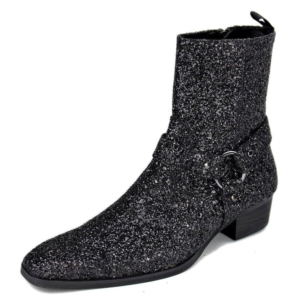 OSSTONE Men Chelsea Ankle Boots Leather Heeled Boots With Side Zipper Cuban Heel Dress Boots Disco Shoes OS-JY015-BLCK