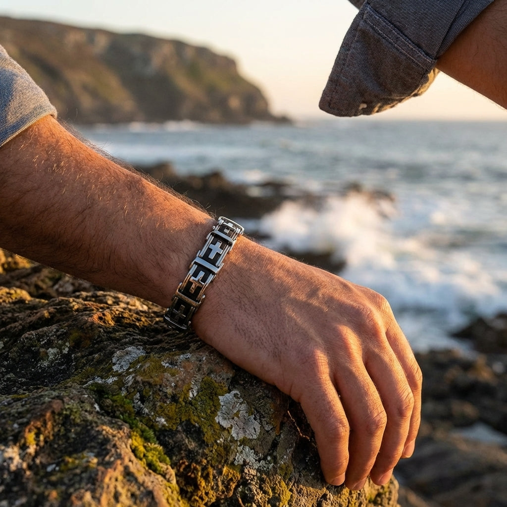 Heavy Silver Black Bracelet Cross Links for Mens Bangle Stainless Steel Engraved Boys Cuff Heavy Design Christian Jewelry Jewellery