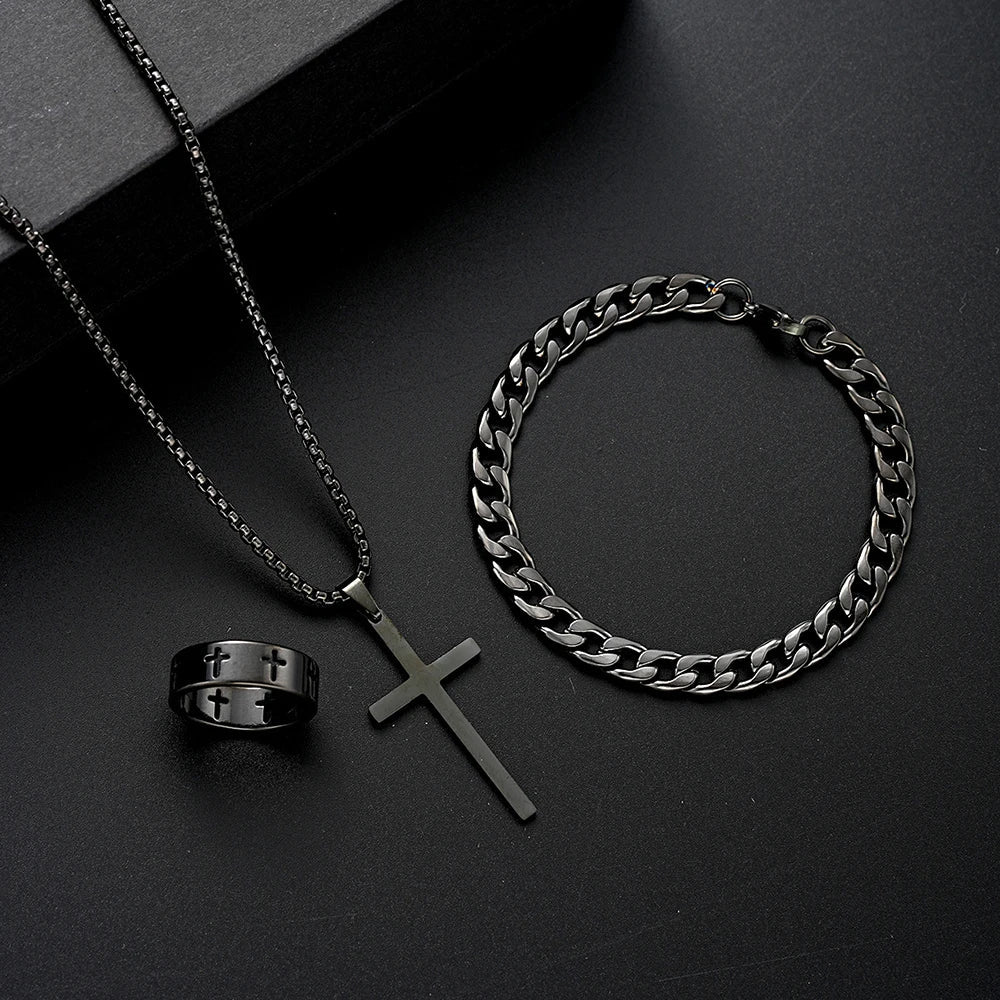3pcs Set Men's Stainless Steel Metal Cross Pendant Chain Necklace Bracelet Ring Jewelry Set Male Hip Hop Daily Wear Accessories