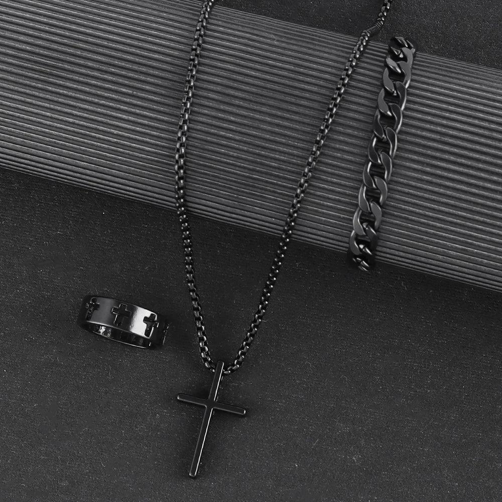 3pcs Set Men's Stainless Steel Metal Cross Pendant Chain Necklace Bracelet Ring Jewelry Set Male Hip Hop Daily Wear Accessories