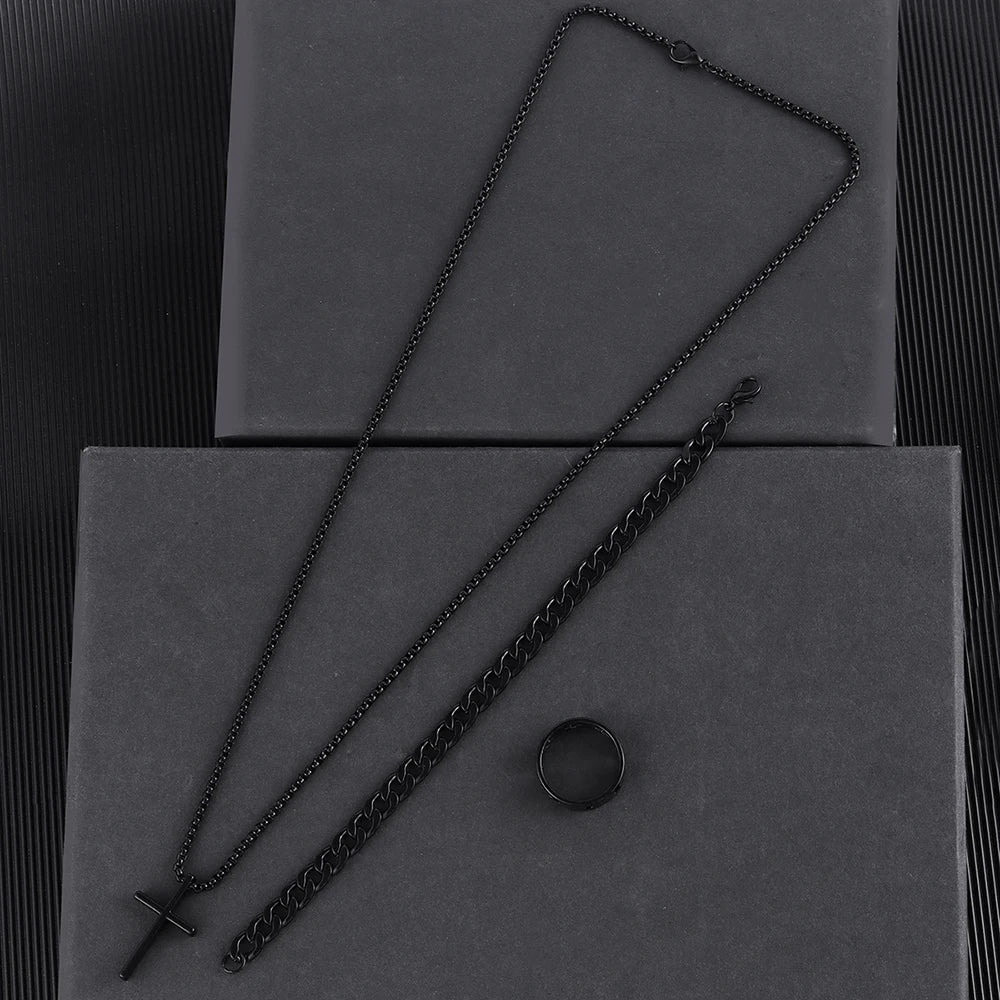 3pcs Set Men's Stainless Steel Metal Cross Pendant Chain Necklace Bracelet Ring Jewelry Set Male Hip Hop Daily Wear Accessories