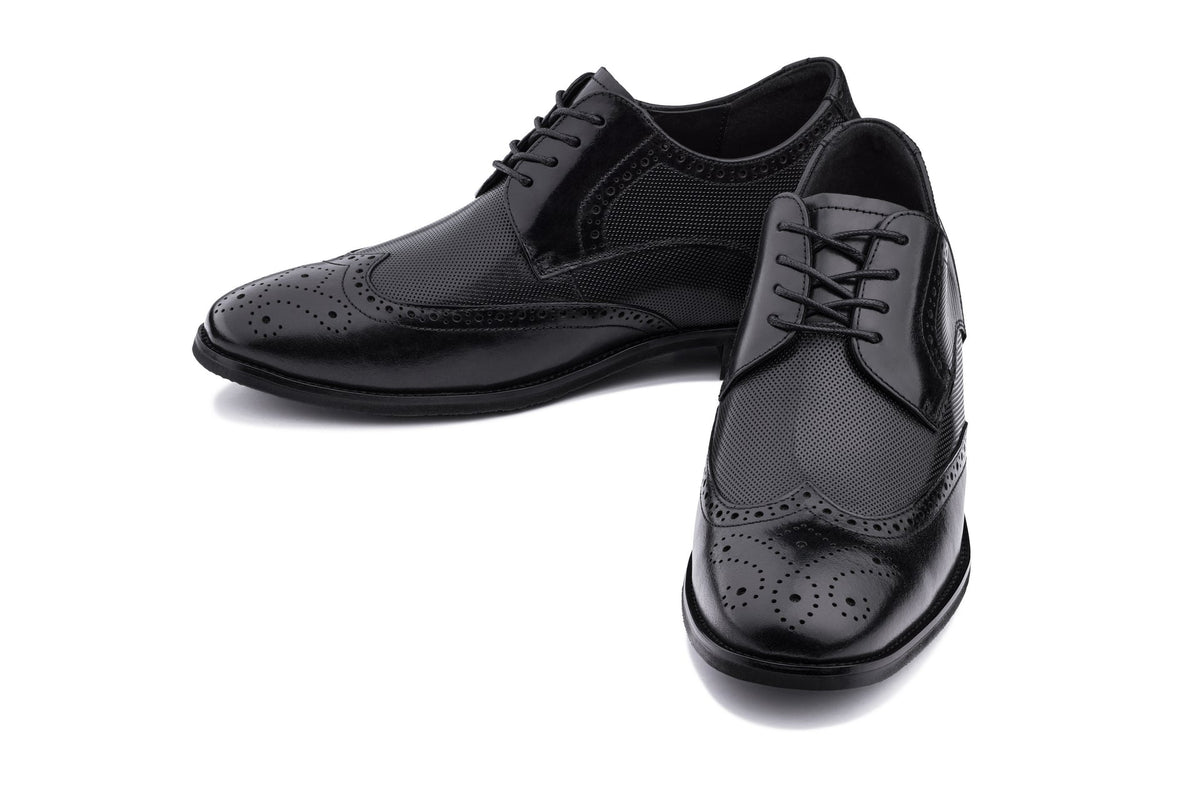 CALTO - Y10655 - 2.8 Inches Taller (Black) - Wingtip Oxford Dress Shoe